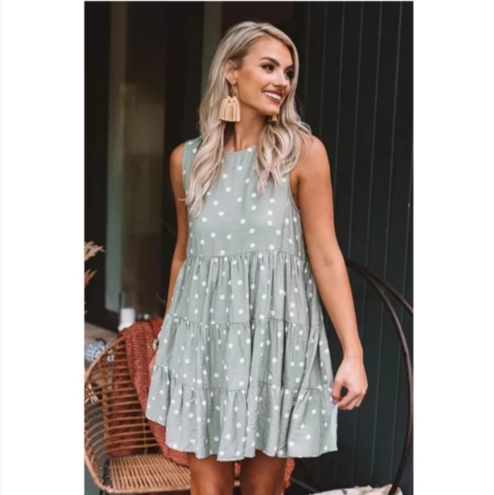 Green Polka Dot Ruffle Sleeveless Mini Dress